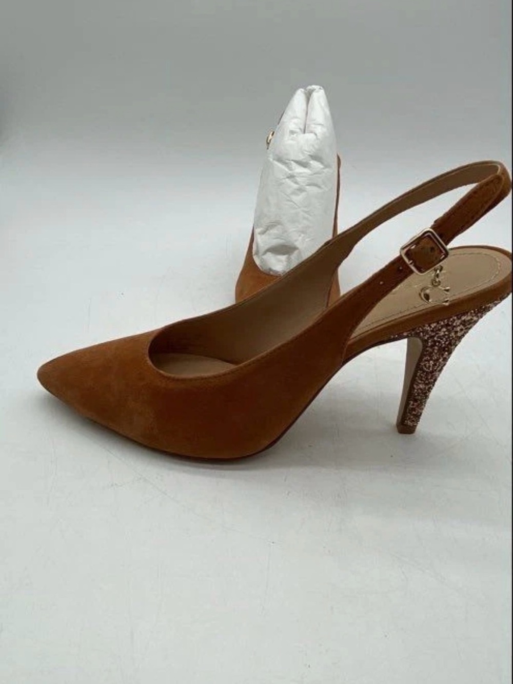 Coach Tan Suede Slingback Heels with Glitter Stiletto - Picture 6 of 10